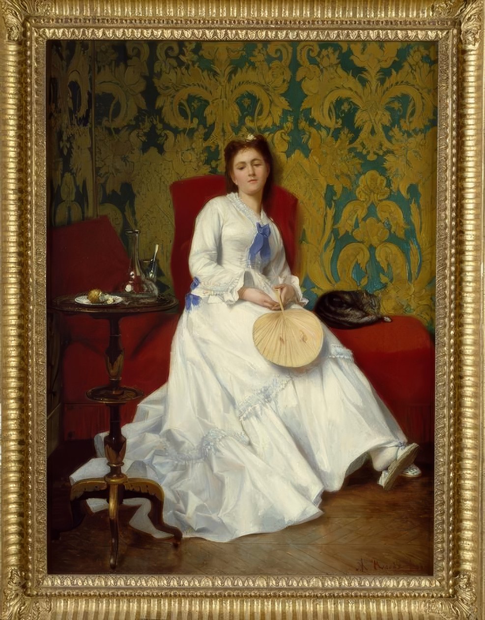 Albert Roosenboom, Dam i vitt med fläkt / Målning, 1800-tal. av Albert Roosenboom