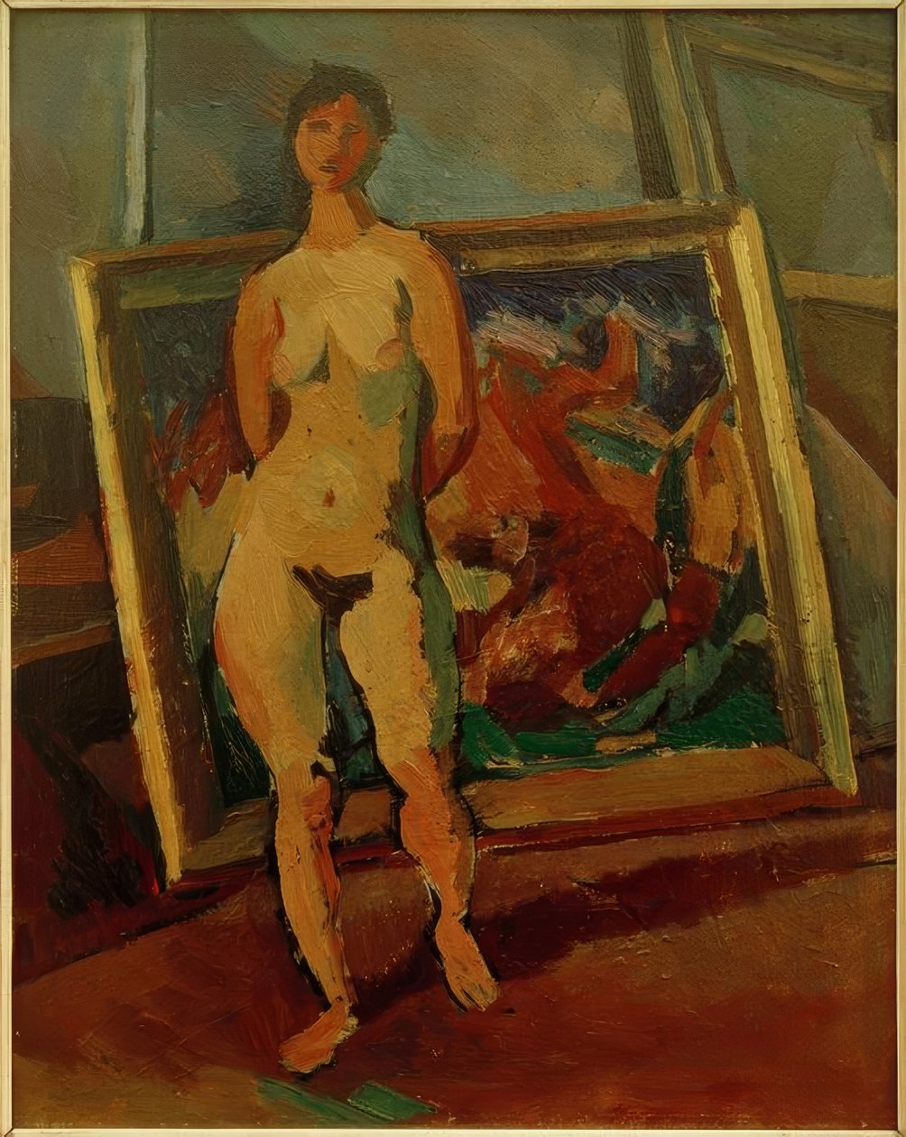 Female Naken i studion (Striding Female Naken) av Albert Weisgerber