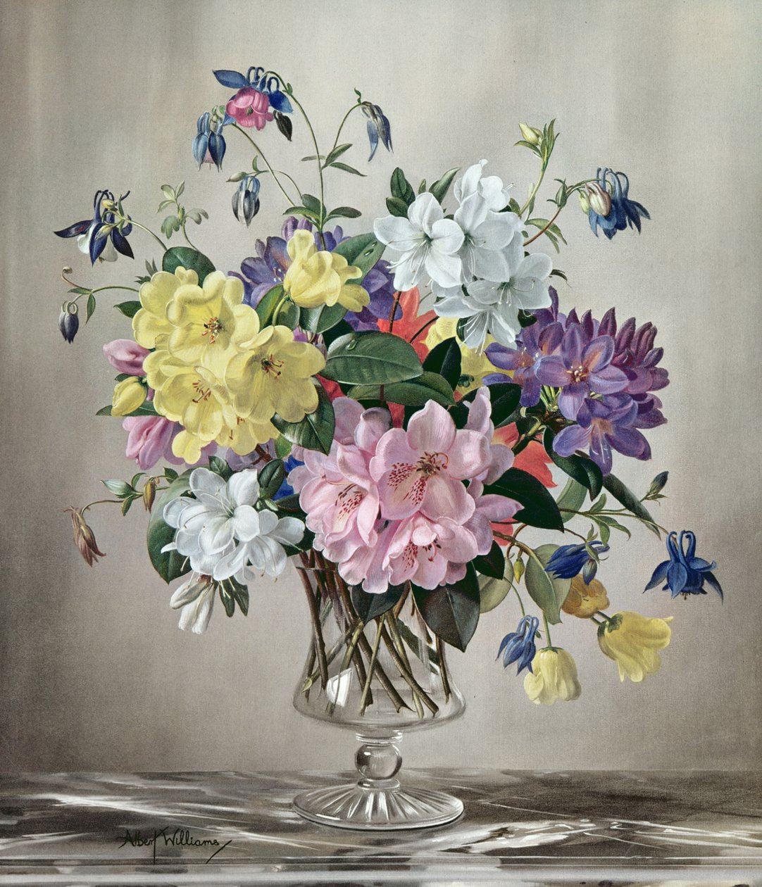 PB/321 Rhododendron, azaleor och akleja i en glasvas av Albert Williams