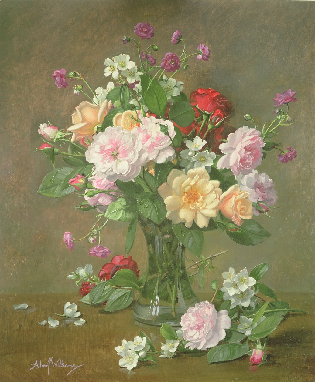 Rosor och Gardenia i en glasvas av Albert Williams