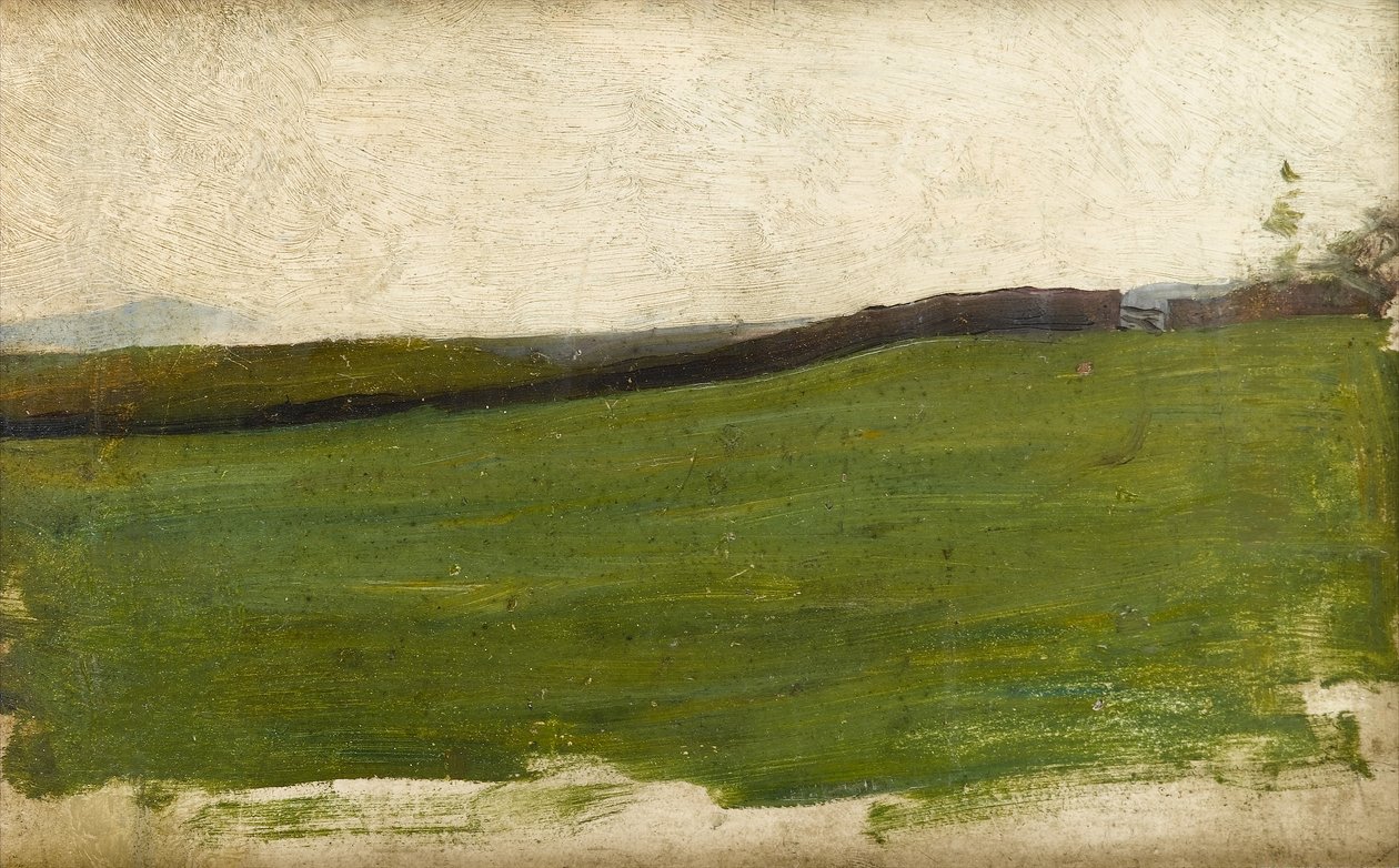 Landskap med grön äng och mur, ca 1900 (olja på rathbone preparerad konstnärspanel) av Albert de Belleroche