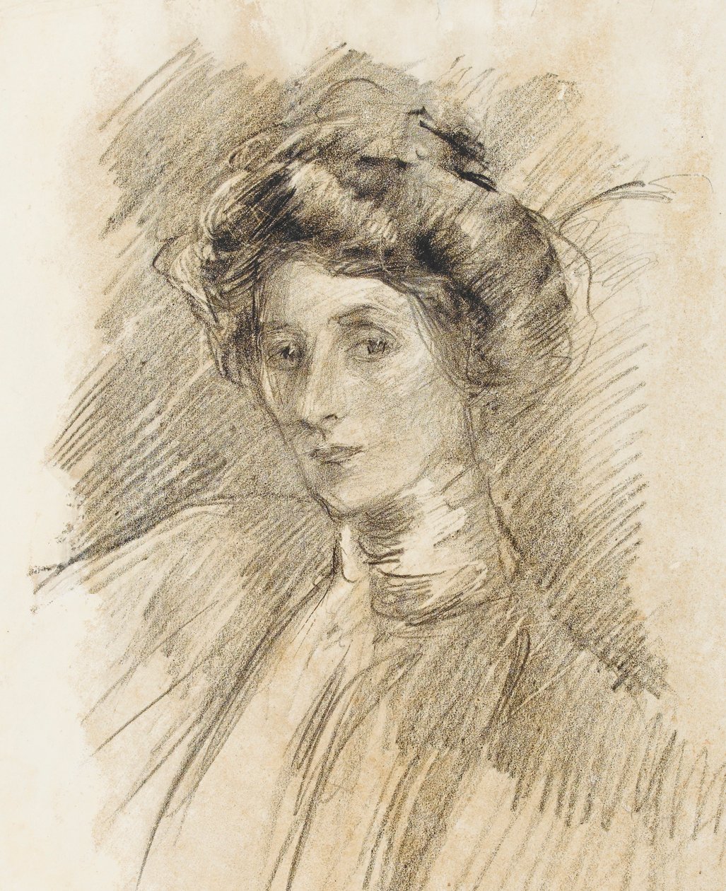 Porträtt av en kvinna med hög krage, huvud och axlar, ca 1905 (litografisk krita på transferpapper) av Albert de Belleroche