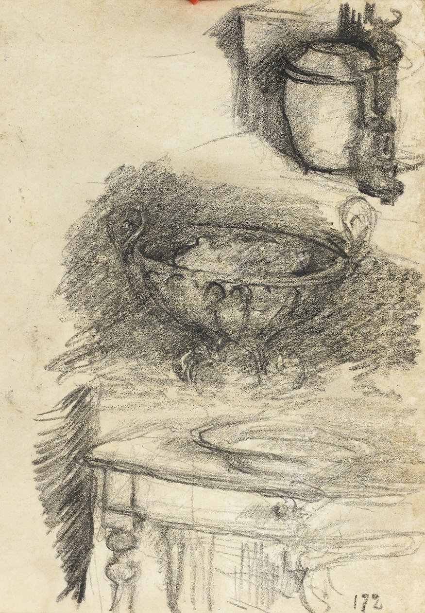 Stilleben av köksredskap, ca 1890 (svart krita på papper) av Albert de Belleroche