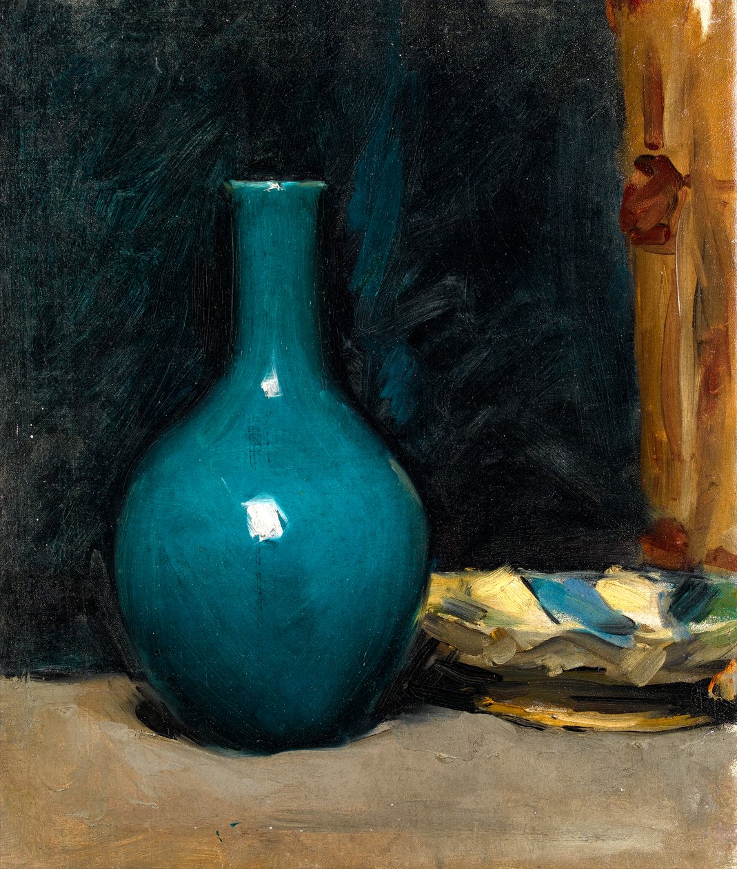 Stilleben med blå kruka och vikt tyg, sent 1880-tal av Albert de Belleroche