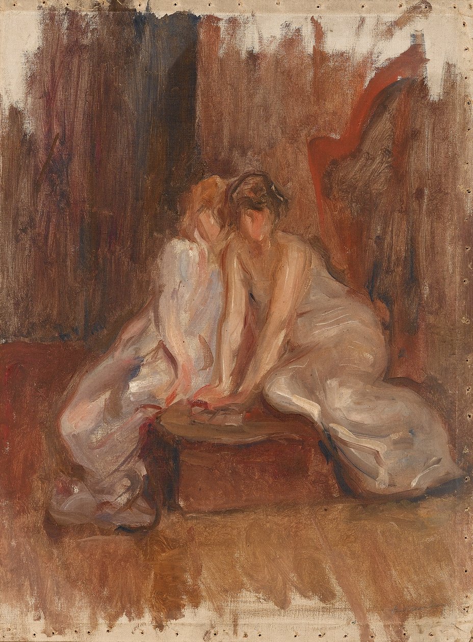 Två kvinnor sittande vid en harpa - ca 1900 av Albert de Belleroche