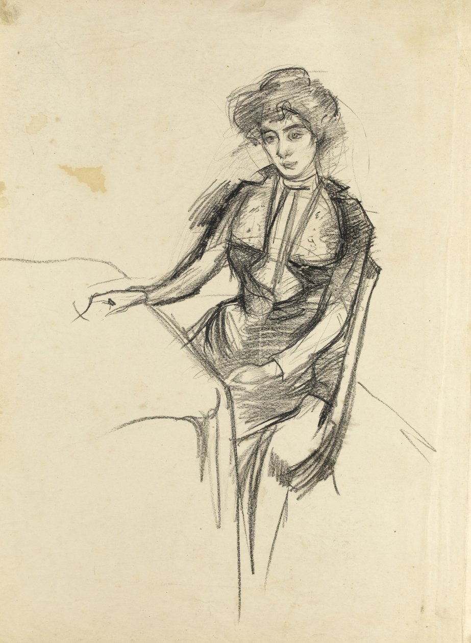 Kvinna vid ett bord, ca 1900 (svart krita på papper) av Albert de Belleroche