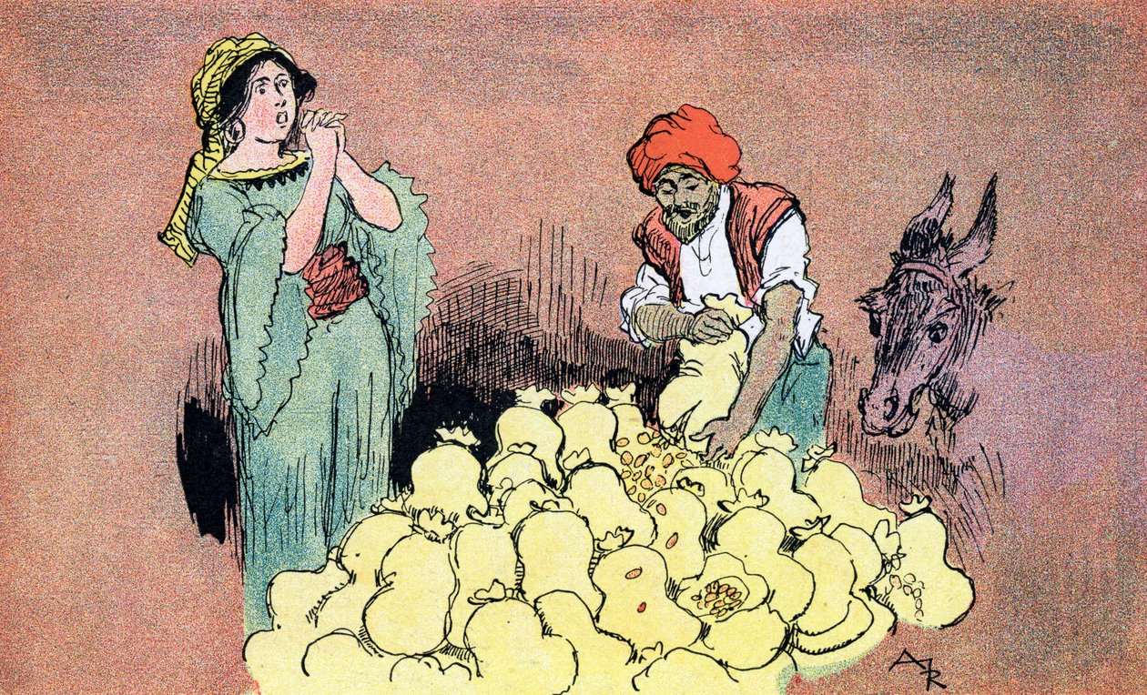 Ali Baba visar guldpåsarna till sin fru Illustration av Albert Robida för Ali Baba and the Forty Thieves 1945 Private Collection av Albert (after) Robida