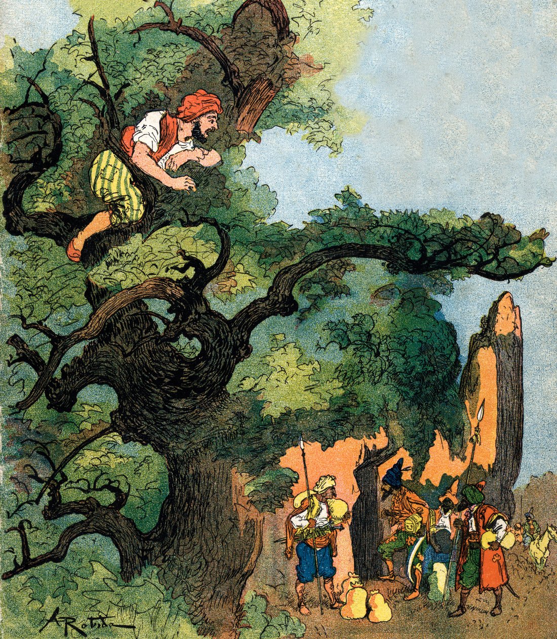 Ali baba hör en grupp av fyrtio tjuvar som besöker deras skattbutik Illustration av Albert Robida för Ali Baba and the Forty Thieves 1945 Private Collection av Albert (after) Robida