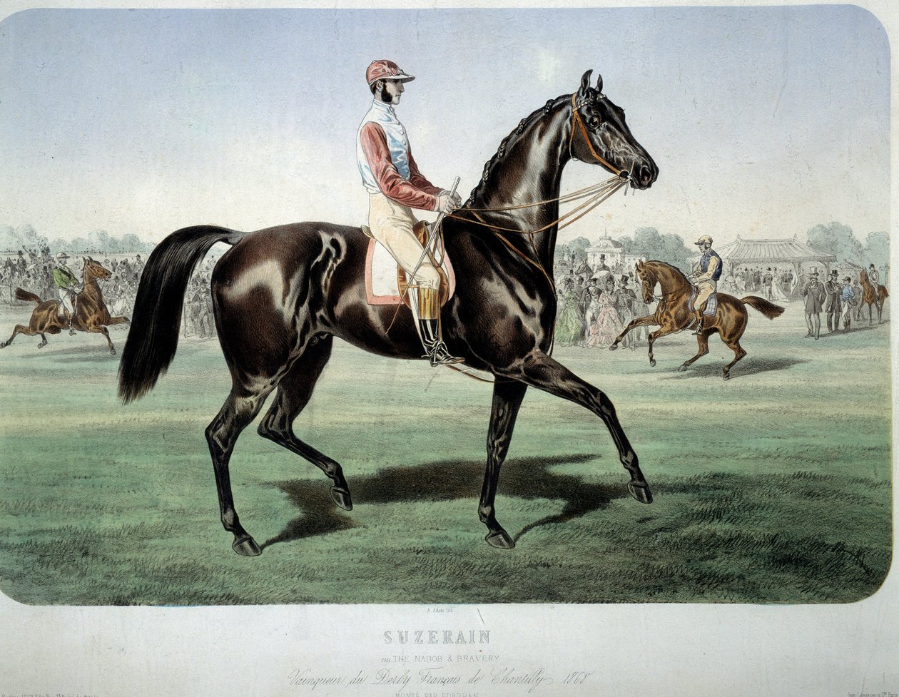 Racing: "" Suzerain, vinnare av Chantilly-derbyt 1868"" Litografi av Albert Adam (1833-?) Privat samling av Albert Adam