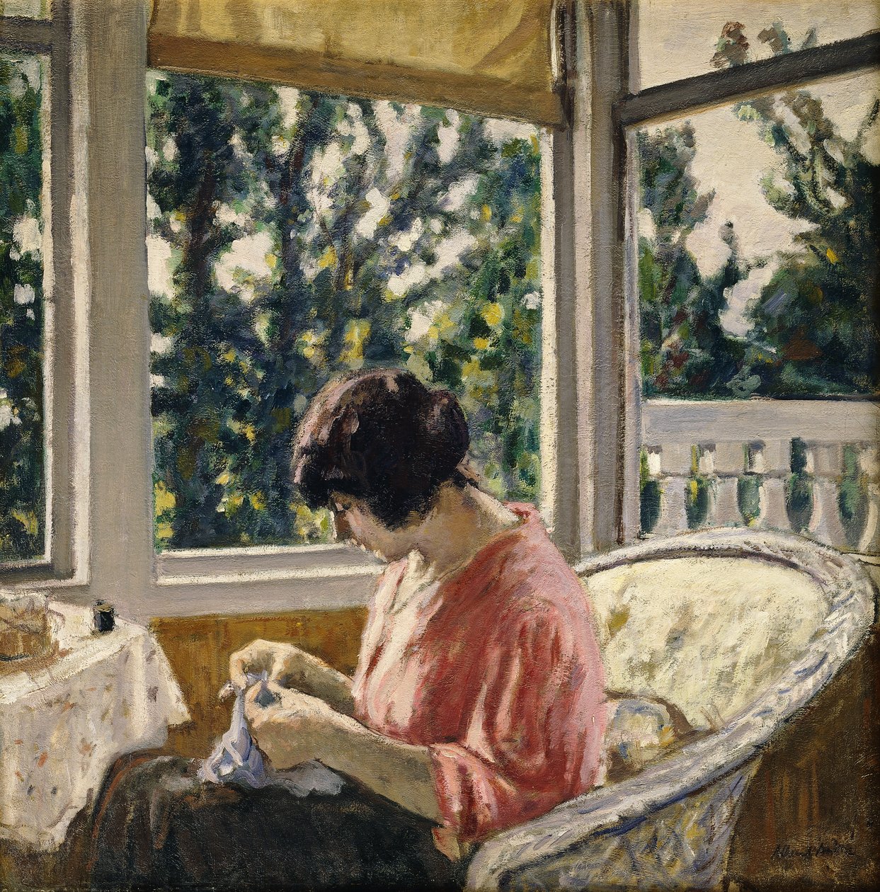 Ung kvinna som syr; Jeune Femme Cousant, ca 1913 (olja på duk) av Albert Andre
