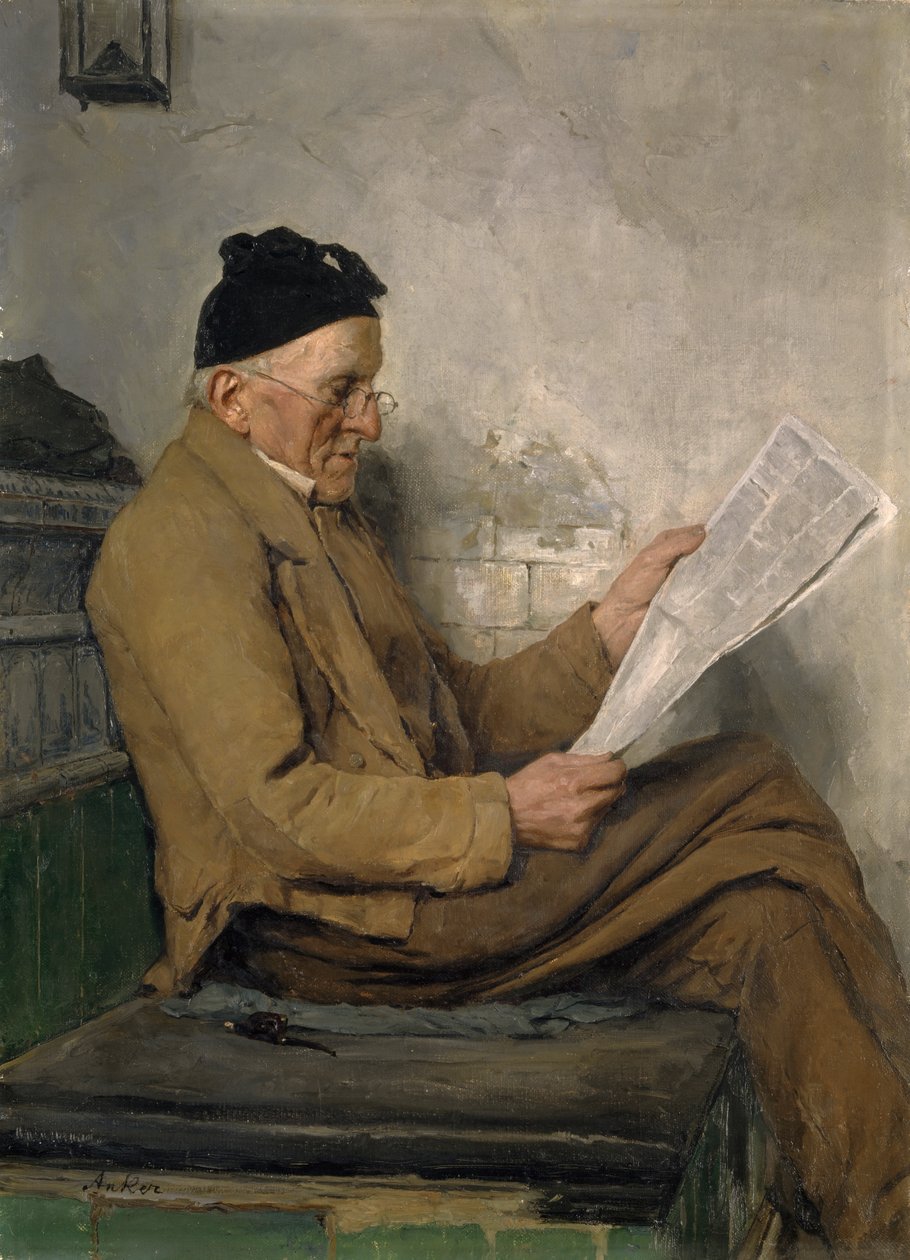 Bonde läser på spisbänken av Albert Anker
