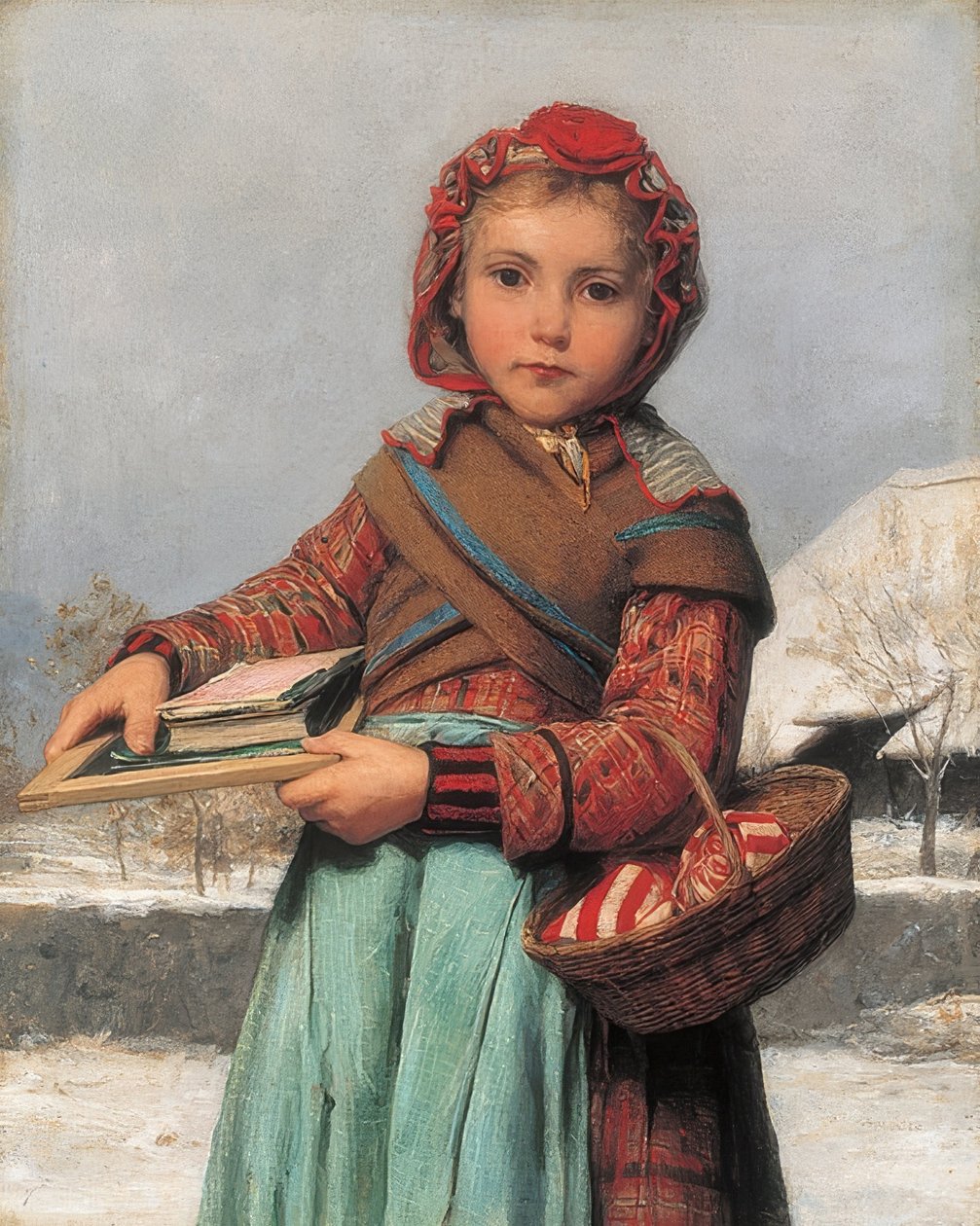 Skolflicka med skiffer och sykorg. 1878 av Albert Anker