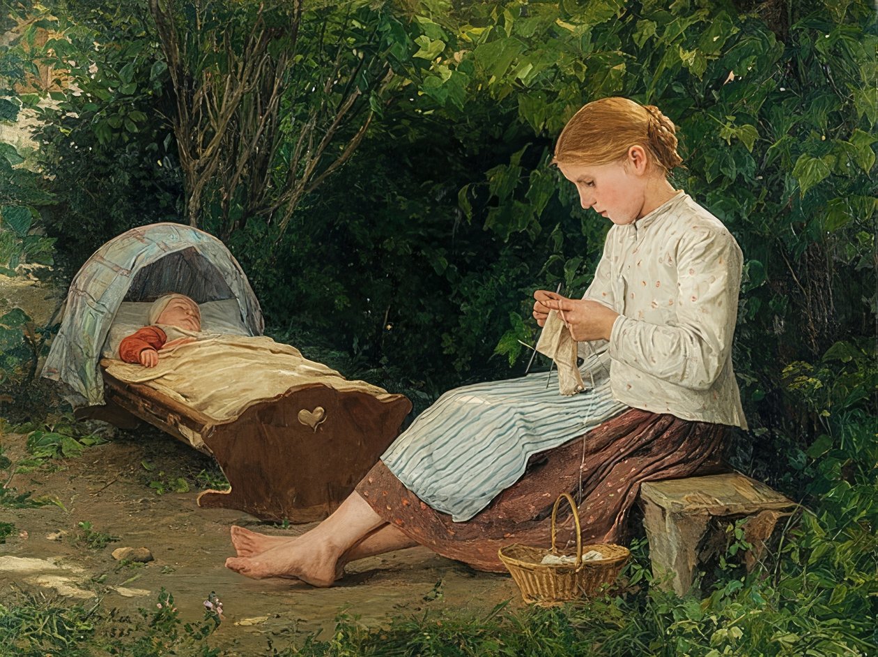 Stickande flicka, småbarn i vaggan. 1885 av Albert Anker