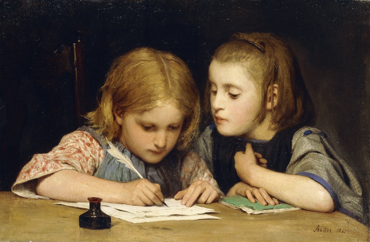 Lektionen; Skrivlektionen, 1865 av Albert Anker