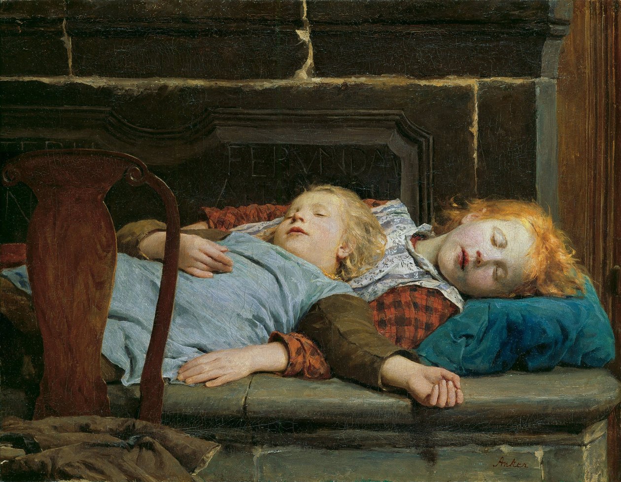 Två sovande flickor på spisbänken av Anker, Albert (1831-1910). Olja på duk av Albert Anker