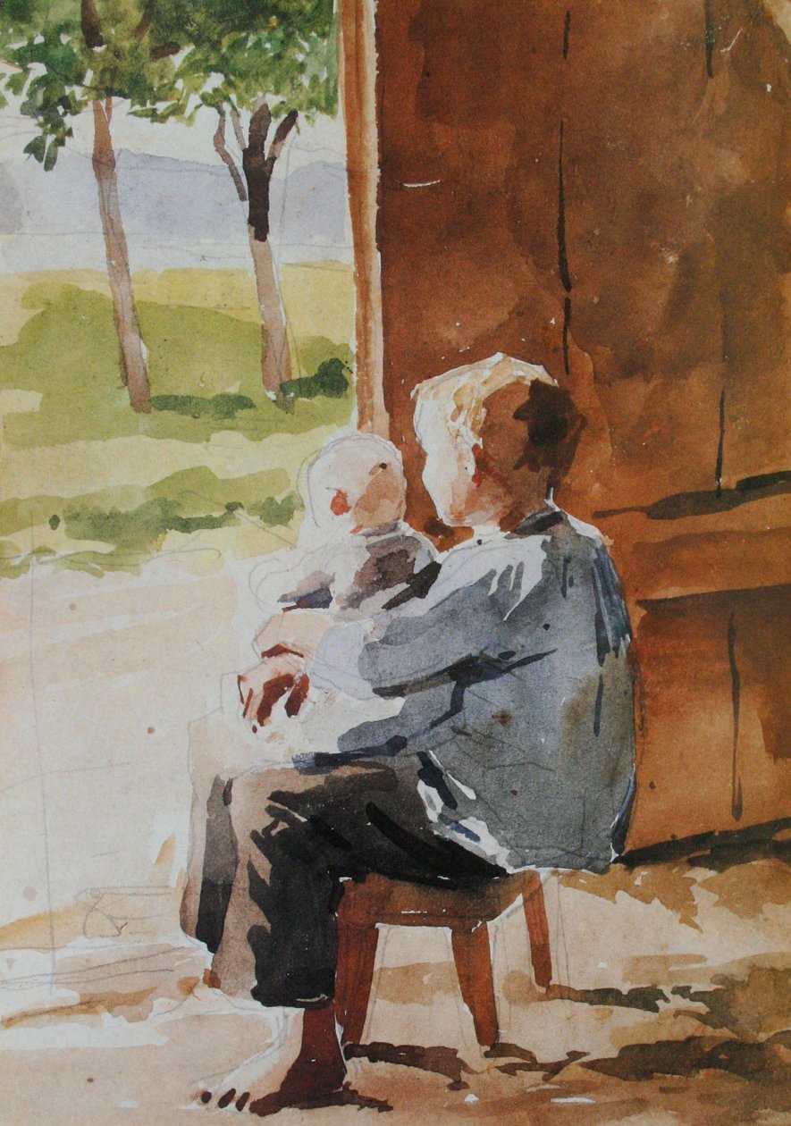 Ung pojke bär ett barn i sitt knä av Albert Anker