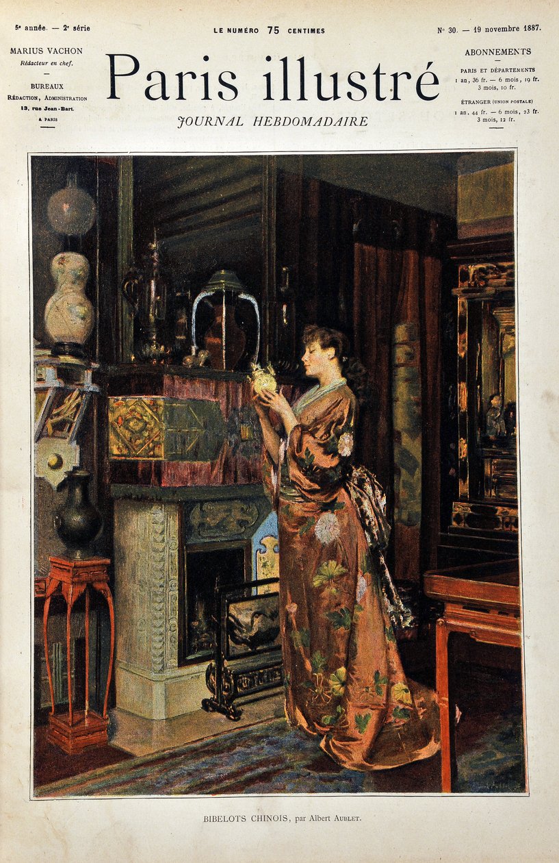 Kinesiska prydnadssaker En europeisk kvinna klädd i Orientale observerar sitt utbud av kinesiska föremål. Illustration av Albert Aublet (1851-1938). Gravyr från 1887 i "" Paris-Illustrous journal weekly"". av Albert Aublet