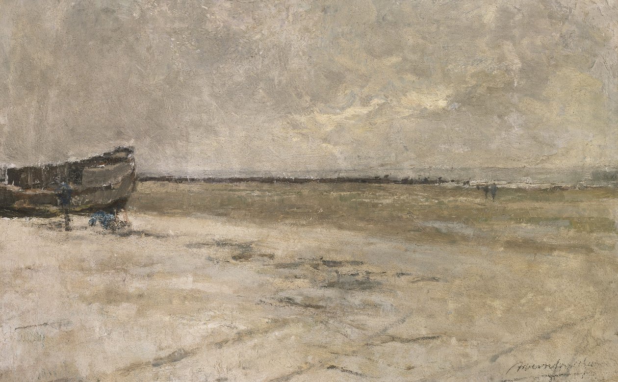 Strand, grått väder, strandscen i De Panne av Albert Baertsoen