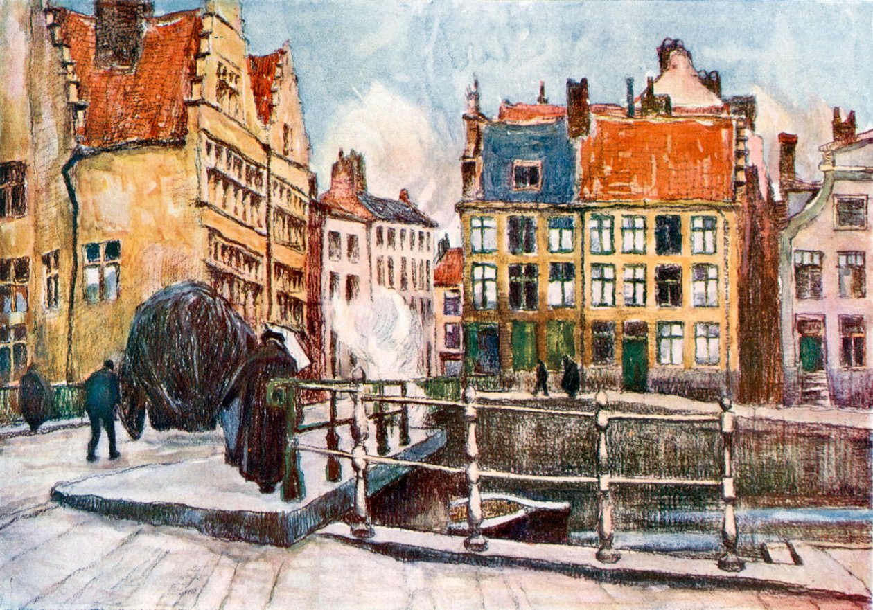 "Pont aux Herbes", Gent (färglitografi) av Albert Baertsoen
