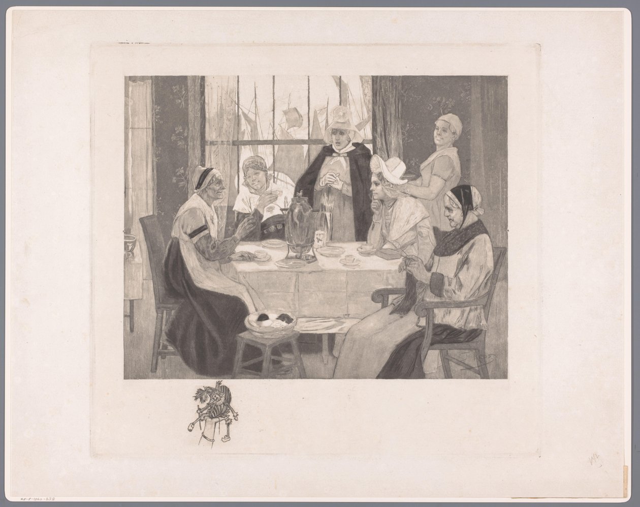Sällskap av kvinnor i traditionell kostym vid bordet skandal av Albert Bertrand (attributed to)