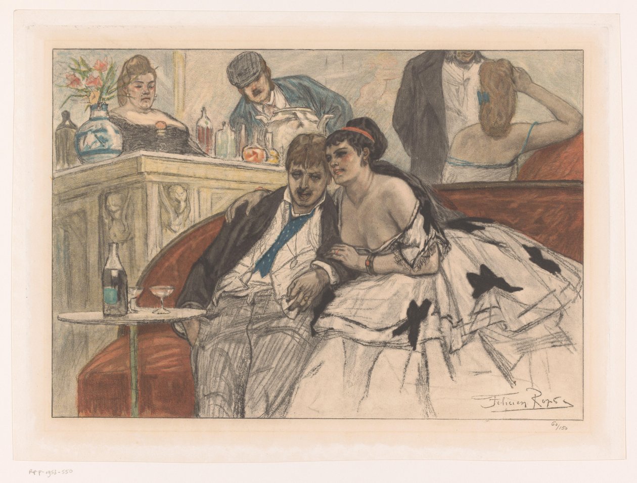 Man och kvinna sitter på en röd soffa vid baren på en teater Le gandin ivre av Albert Bertrand (attributed to)