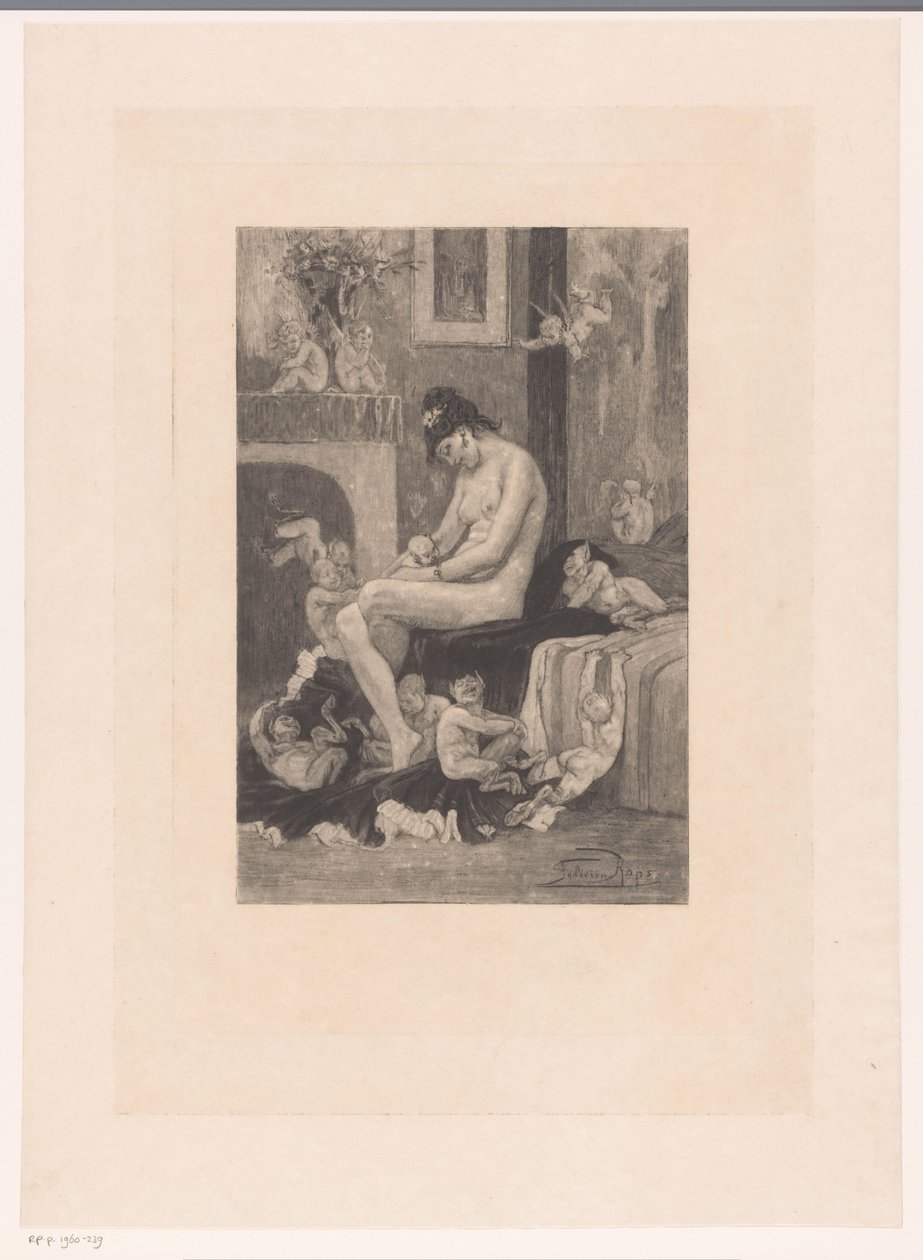 Naken kvinna på kanten av en säng omgiven av demoner som leker La mere aux Satyrions av Albert Bertrand (attributed to)