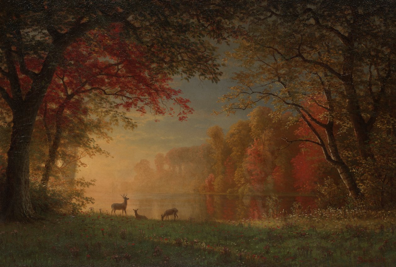 Indisk solnedgång: Rådjur vid en sjö av Albert Bierstadt