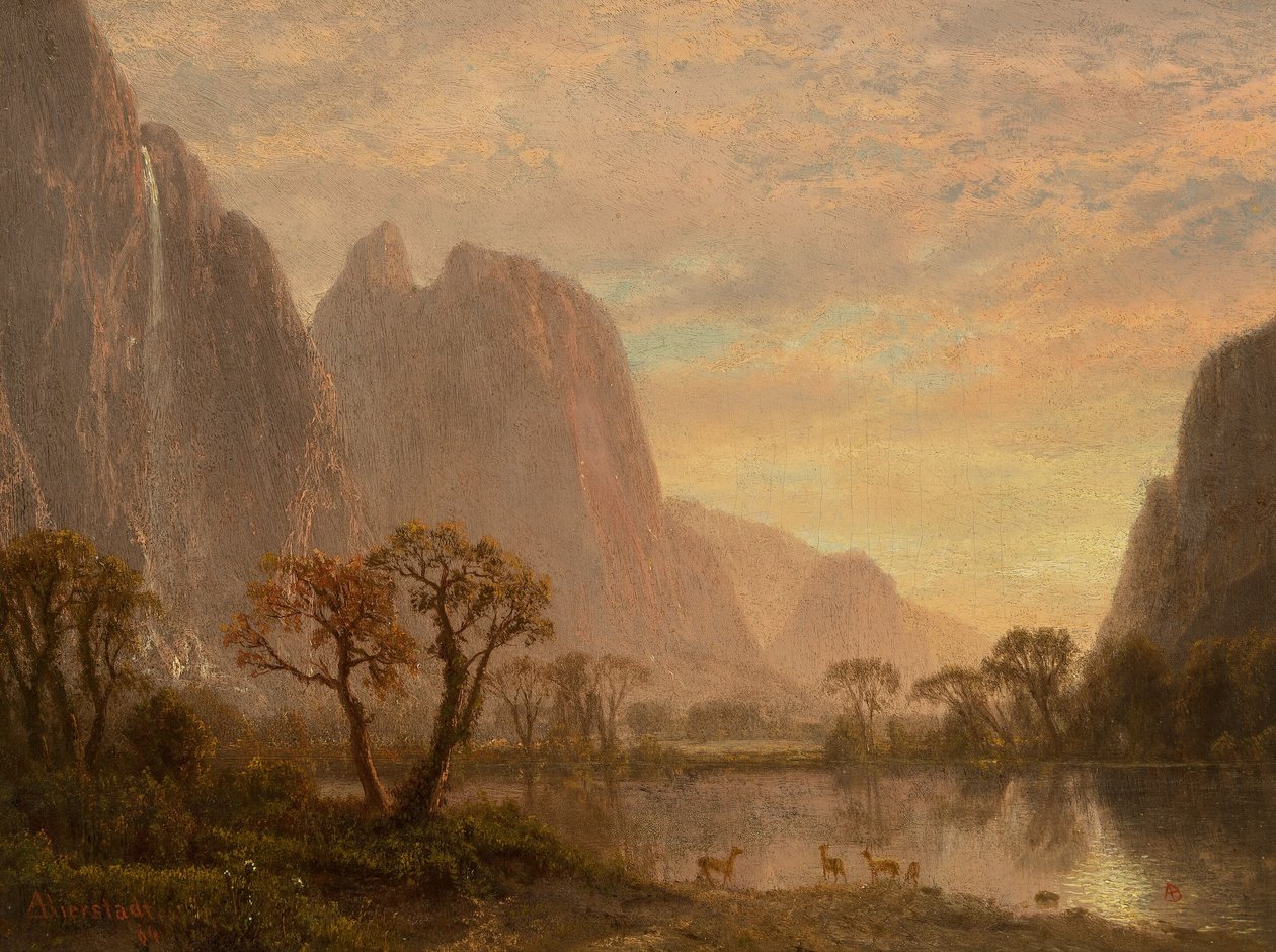 Sentinel Falls och Cathedral Peaks i Yosemite Valley av Albert Bierstadt