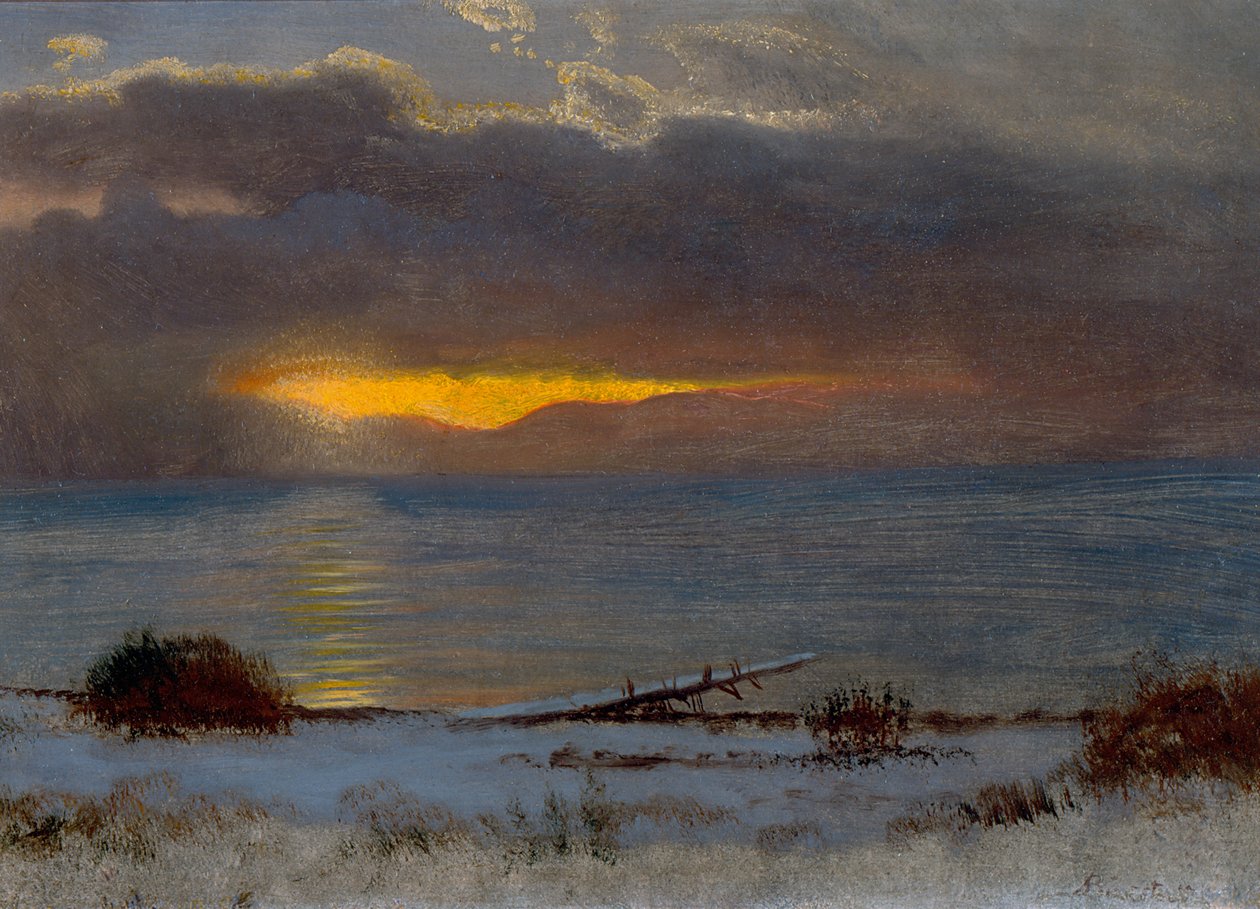 Soluppgång vid Lake Tahoe, Kalifornien 1872 (olja på papper) av Albert Bierstadt