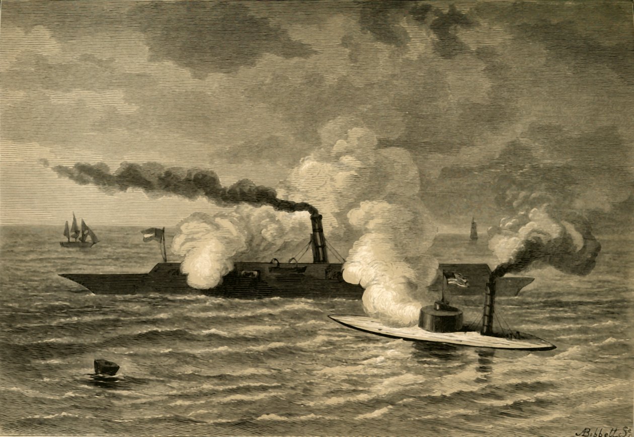 Attack of the Monitor on the Merrimack, 1878. av Albert Bobbett