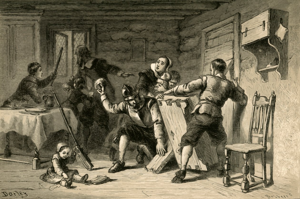 Puritaner barrikaderar sitt hus mot indianer, 1877. av Albert Bobbett