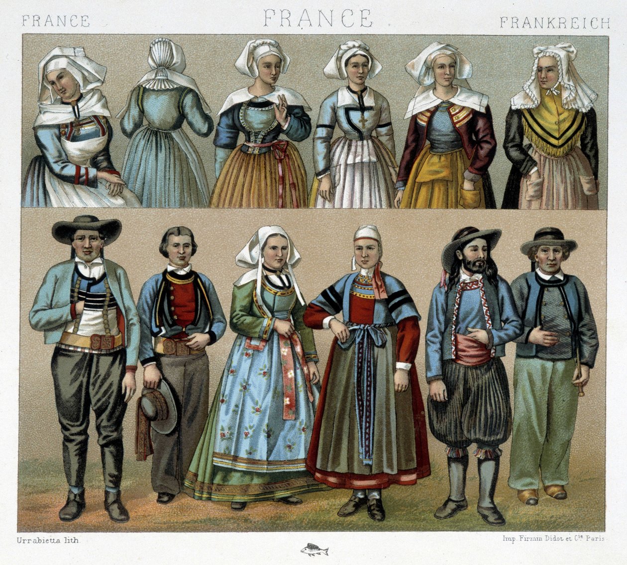 Bretonska dräkter från 1800-talet - i "" Den antika och historiska kostymen"" av Racinet av Albert Charles August Racinet