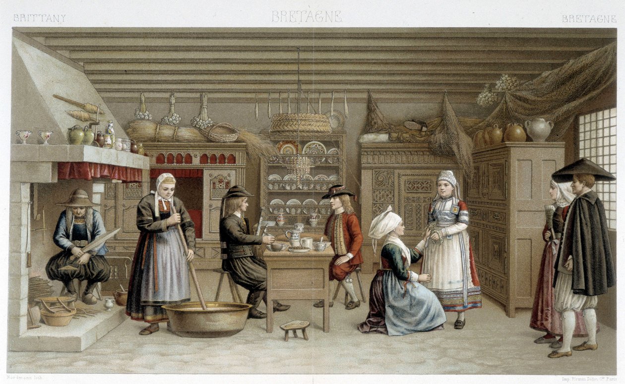 Bretonska dräkter och interiör från 1800-talet - i "" Le costume ancien et historique"" av Racinet av Albert Charles August Racinet
