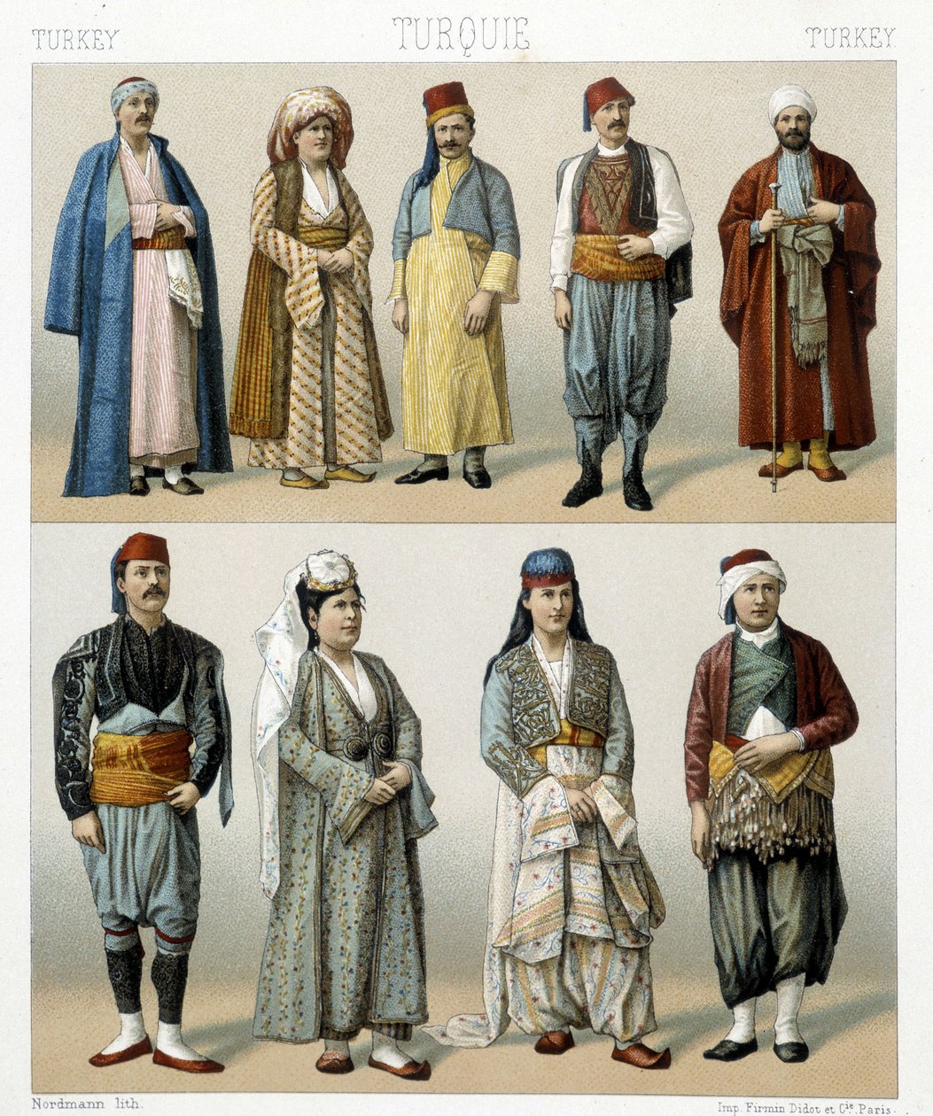 Turkiska dräkter från 1800-talet. Illustration i "Le costume historique"" av Racinet av Albert Charles August Racinet