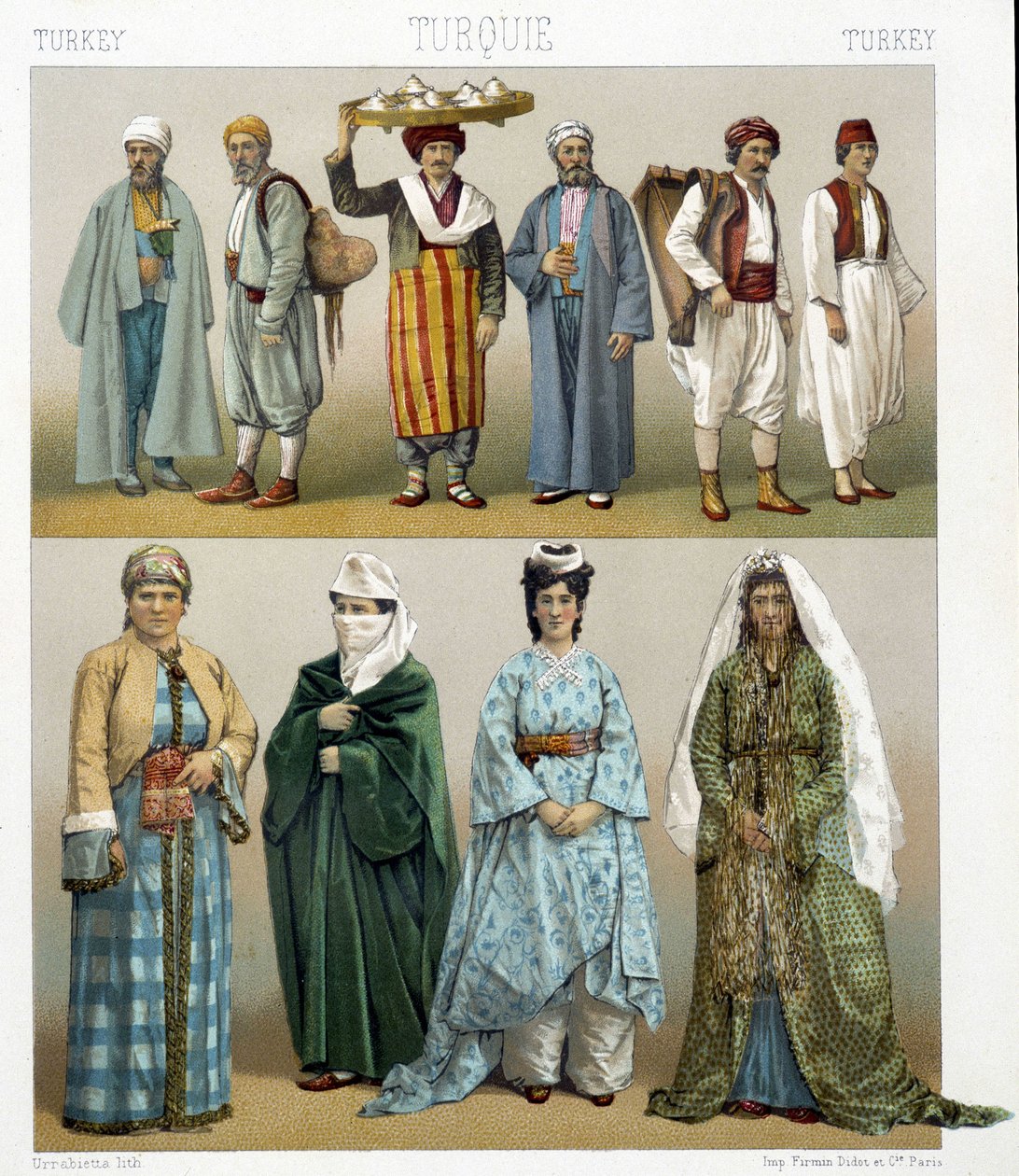 Turkiska dräkter från 1800-talet. Illustration i "Le costume historique"" av Racinet av Albert Charles August Racinet