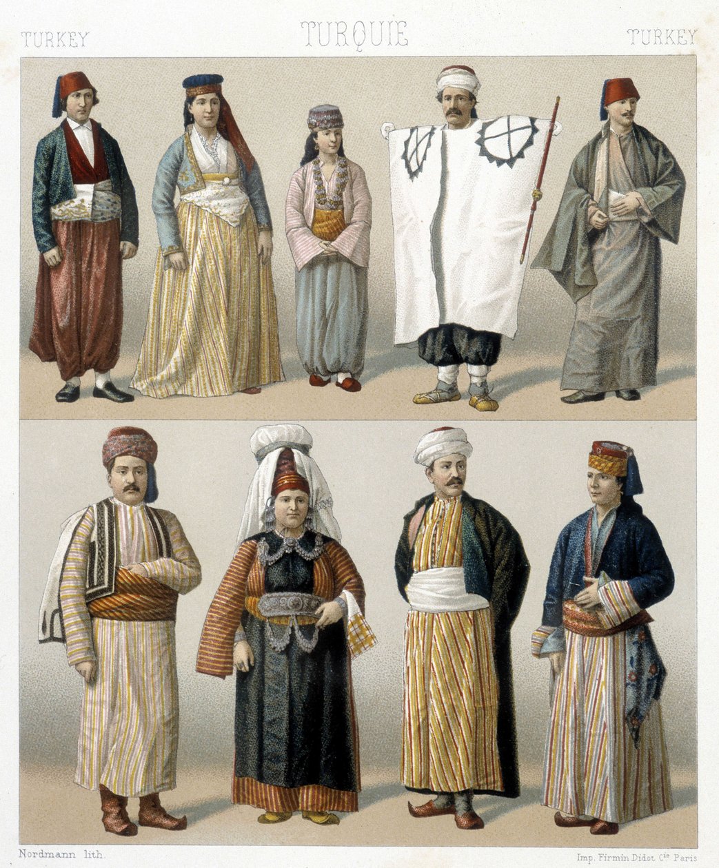 Turkiska dräkter från 1800-talet. Illustration i "Le costume historique"" av Racinet av Albert Charles August Racinet