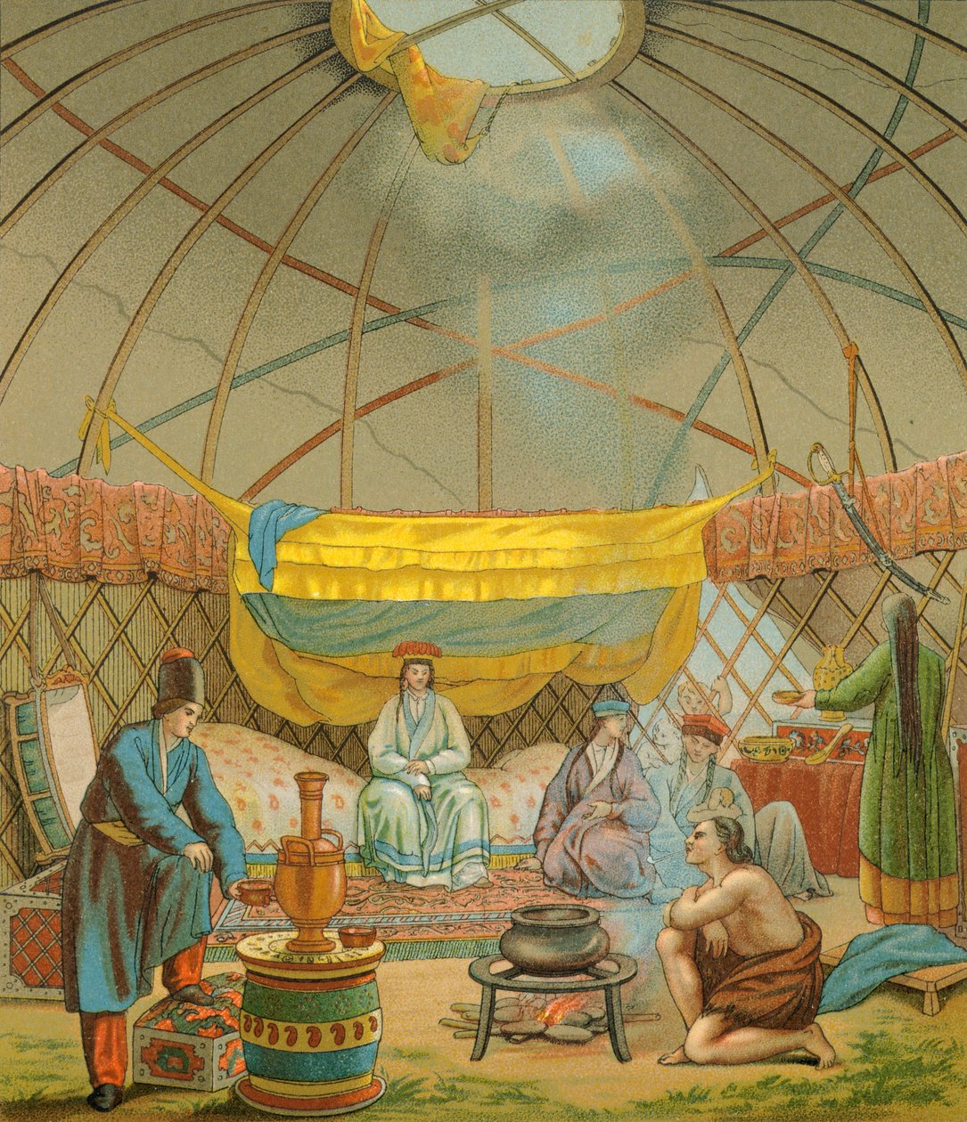 En Kalmyk, ett Kalmuk-tält, Illustration från The Complete Costume History av Racinet Auguste av Albert Charles August Racinet