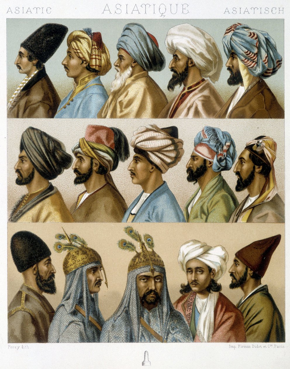 Asiatiska manliga frisyrer - i "" Den historiska kostymen"" av Racinet, sent 1800-tal av Albert Charles August Racinet