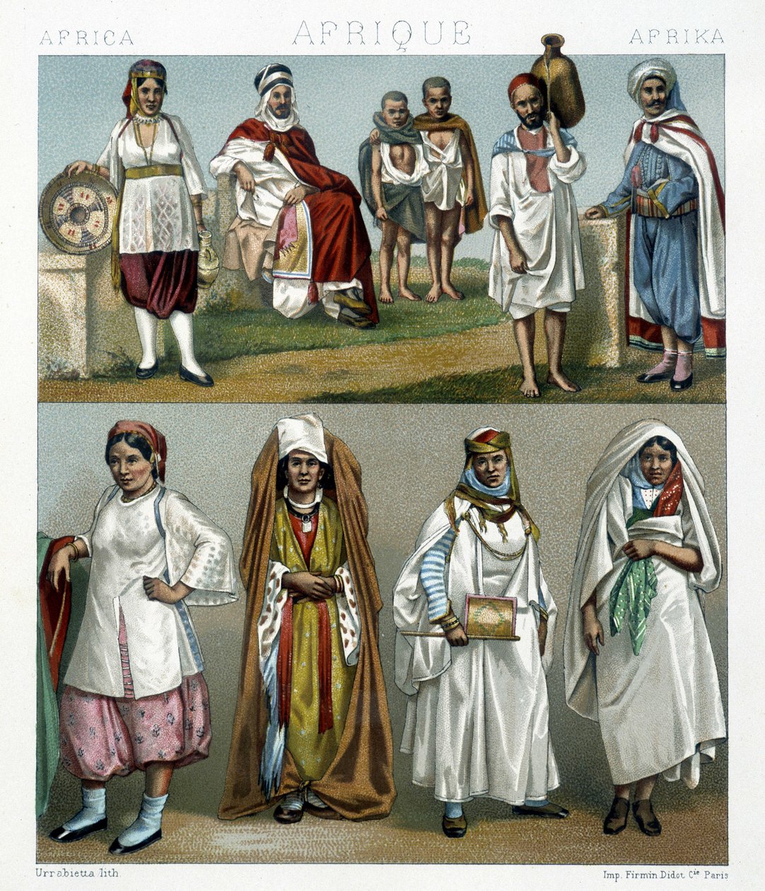 Barbaresque Costumes (Afrika). Illustration i "" Le costume historique"" av Racinet av Albert Charles August Racinet