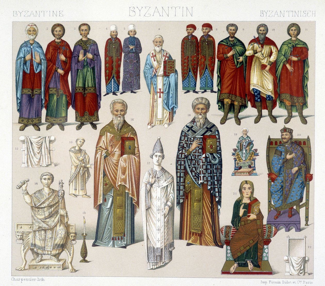 Bysantinska kostymer. Illustration i "Den historiska kostymen" av Racinet av Albert Charles August Racinet