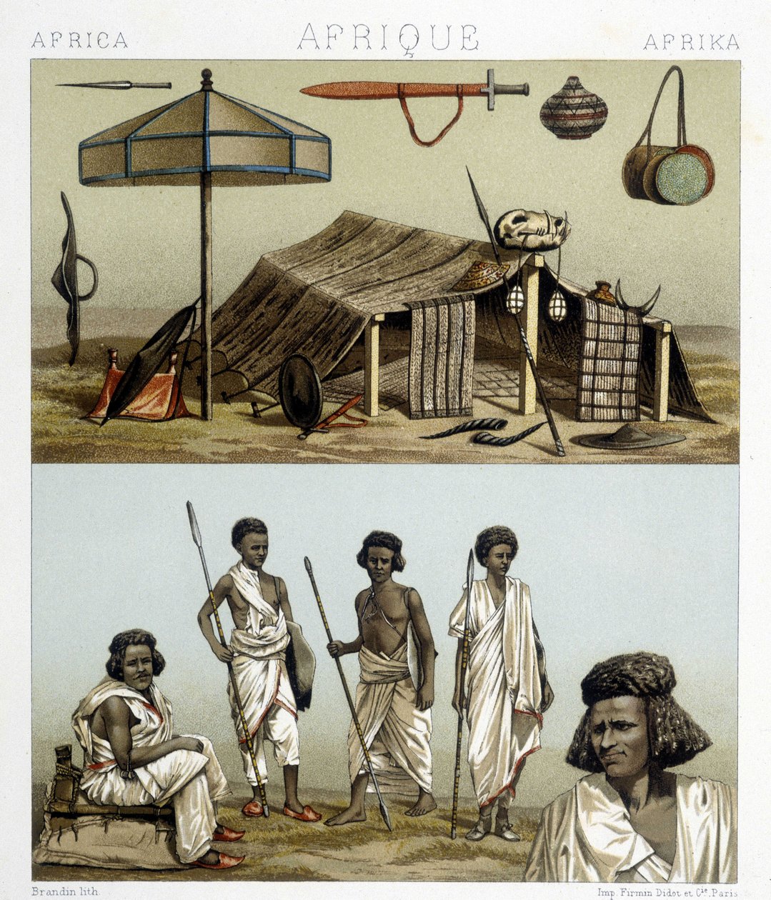 Läger och traditionella kläder från Nubia. Illustration i "" Le costume historique"" av Racinet av Albert Charles August Racinet