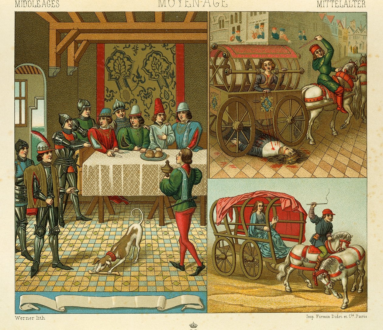 Slottsliv och transportmedel den 14:e, Illustration från The Complete Costume History av Racinet Auguste av Albert Charles August Racinet