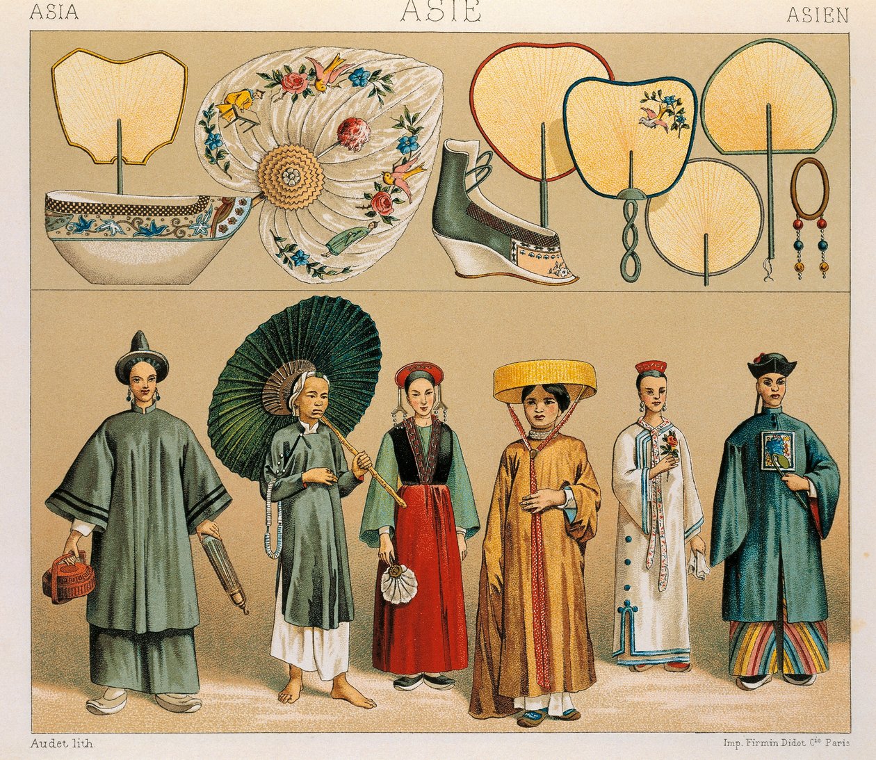 Kläder från kinesiska kvinnor och från regionen Tartary, Illustration från Complete Costume History av Auguste Racinet av Albert Charles August Racinet