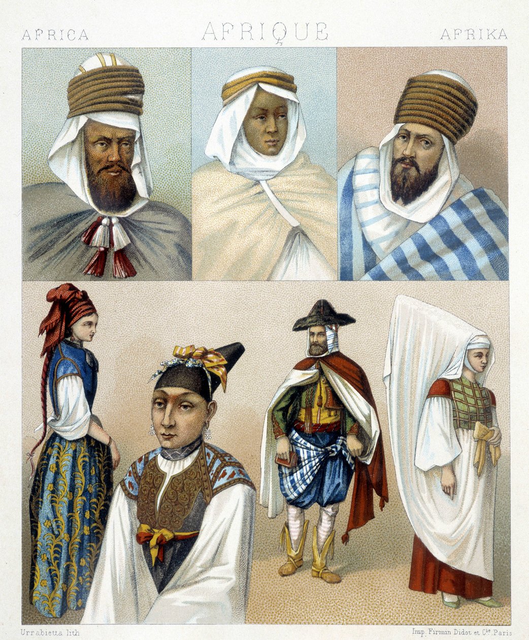 Kostymer och frisyrer från Algeriet. Illustration i "" Le costume historique"" av Racinet av Albert Charles August Racinet