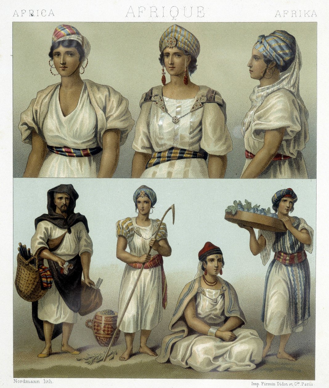 Kostymer och huvudbonader av kabylkvinnor (överst). Tunisiska och algeriska dräkter (nederst). Illustration i "" Le costume historique"" av Racinet av Albert Charles August Racinet