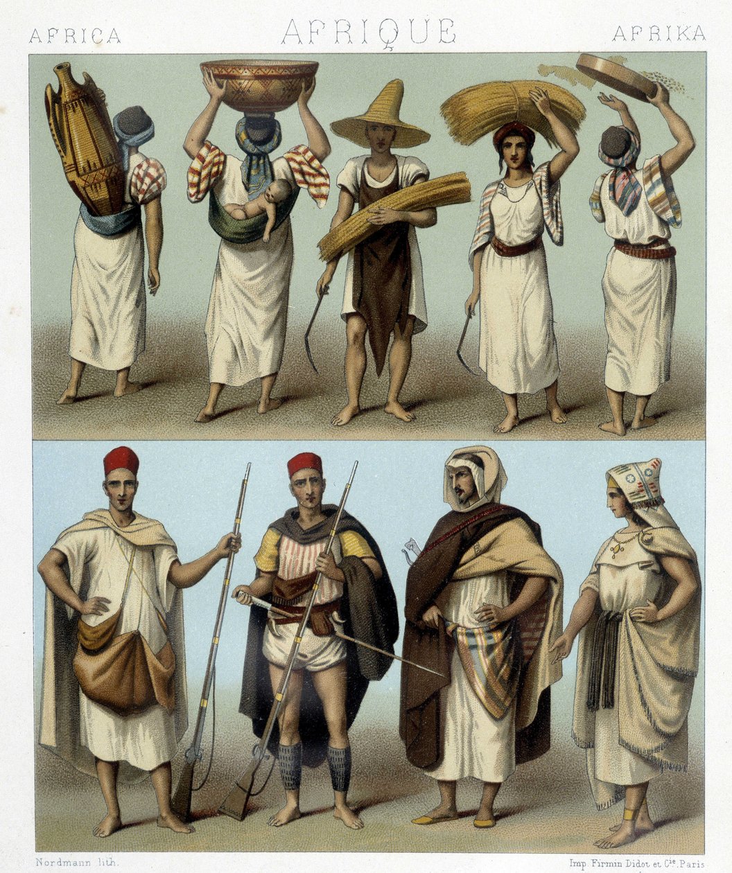Kostymer från Algeriet och Tunisien. Illustration i "Le costume historique"" av Racinet av Albert Charles August Racinet