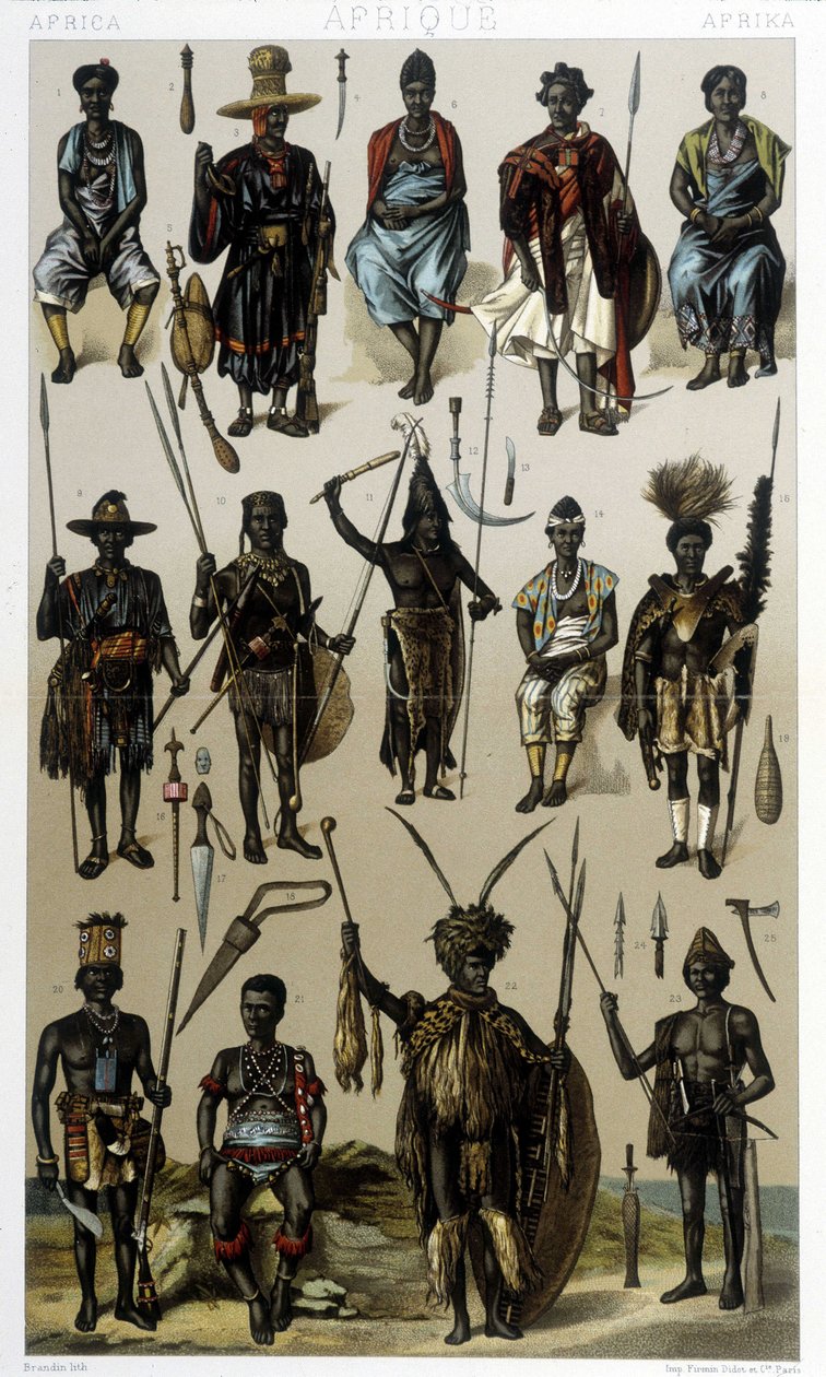 Kostymer från Guinee, Senegal och Gabon. Illustration i "Le costume historique"" av Racinet av Albert Charles August Racinet