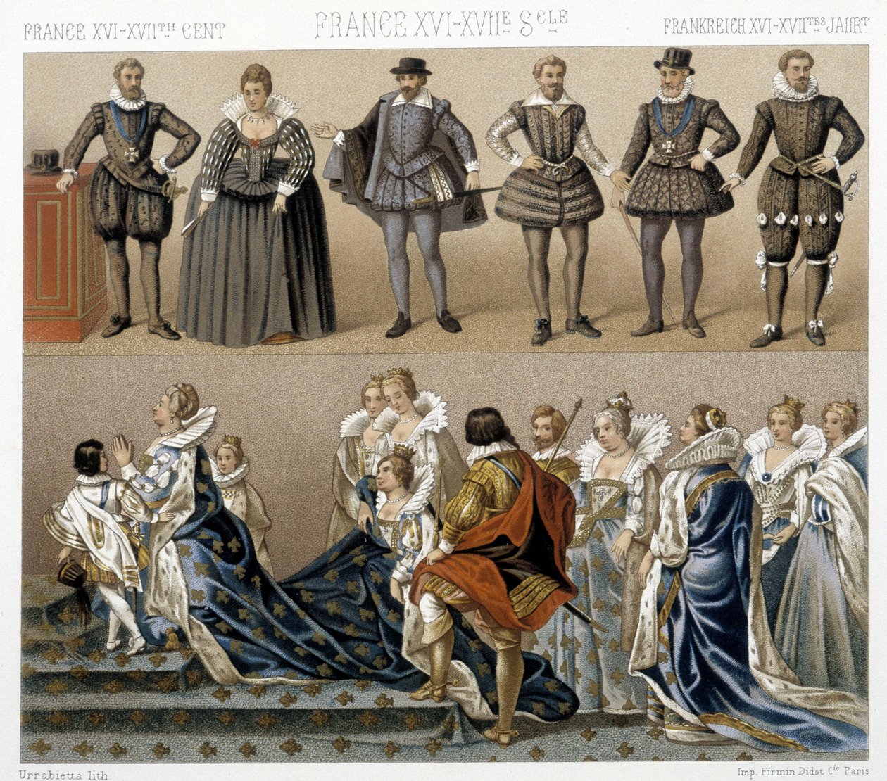 Dräkter av drottning Marguerite av Frankrike (nederst) och Henrik IV (överst) på 1600- och 1700-talen. Illustration i "" Le costume historique"" av Racinet av Albert Charles August Racinet