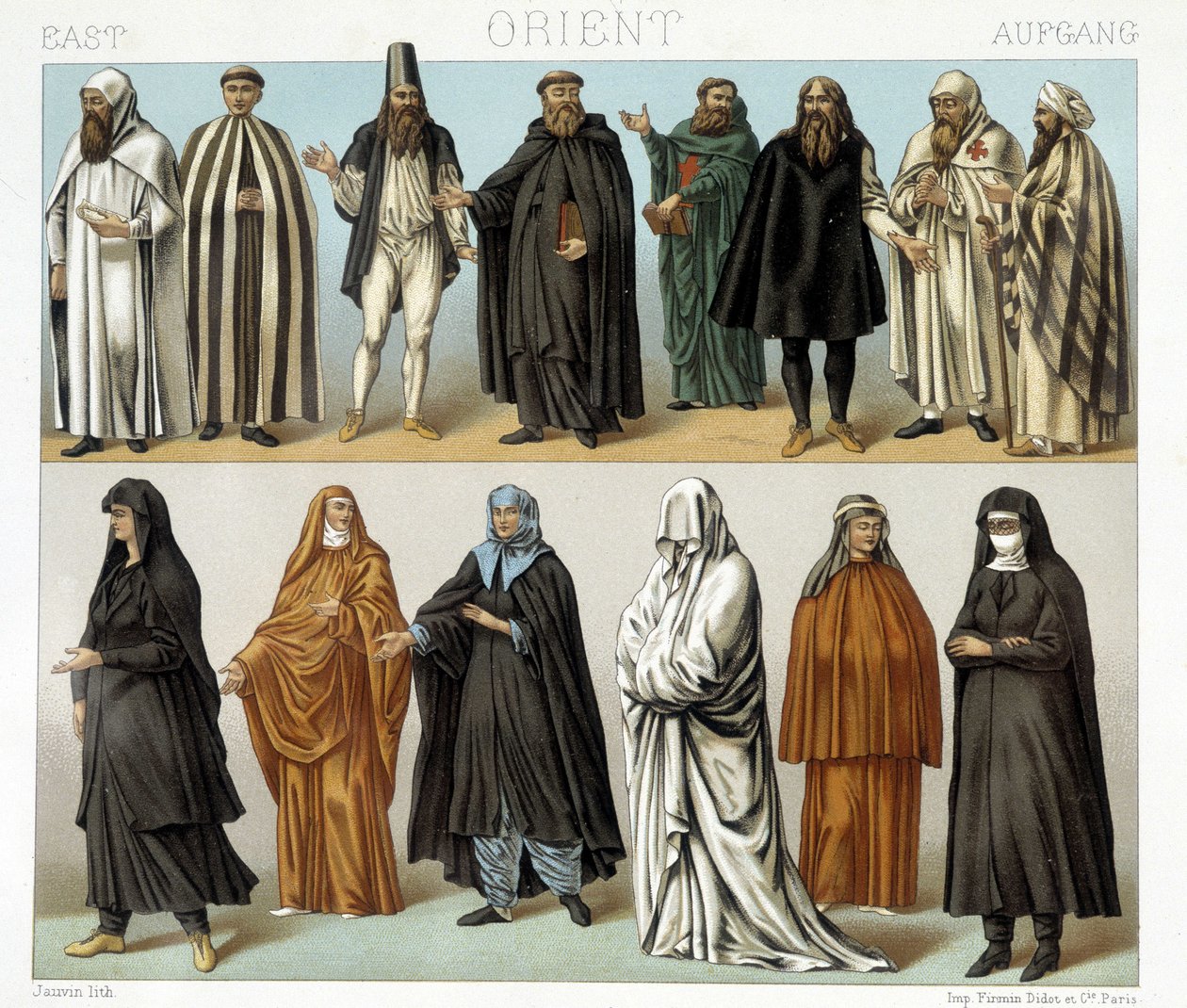 Dräkter av munkar och religiösa i Mellanöstern på 1800-talet. Illustration i "" Le costume historique"" av Racinet av Albert Charles August Racinet
