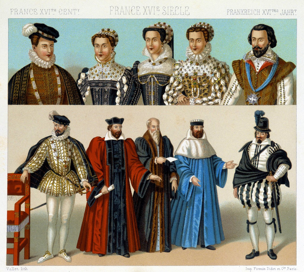 Dräkter av adelsmän och magistrater i Frankrike på 1600-talet. Kromolitografisk platta - i "" Le costume historique"" av Racinet av Albert Charles August Racinet